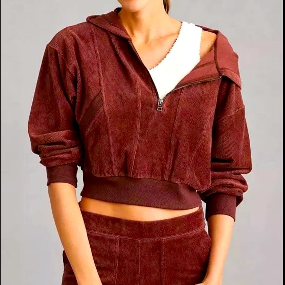 Daily Practice by Anthropologie Corduroy Hoodie 1/2 Zip Sz M Cropped brown